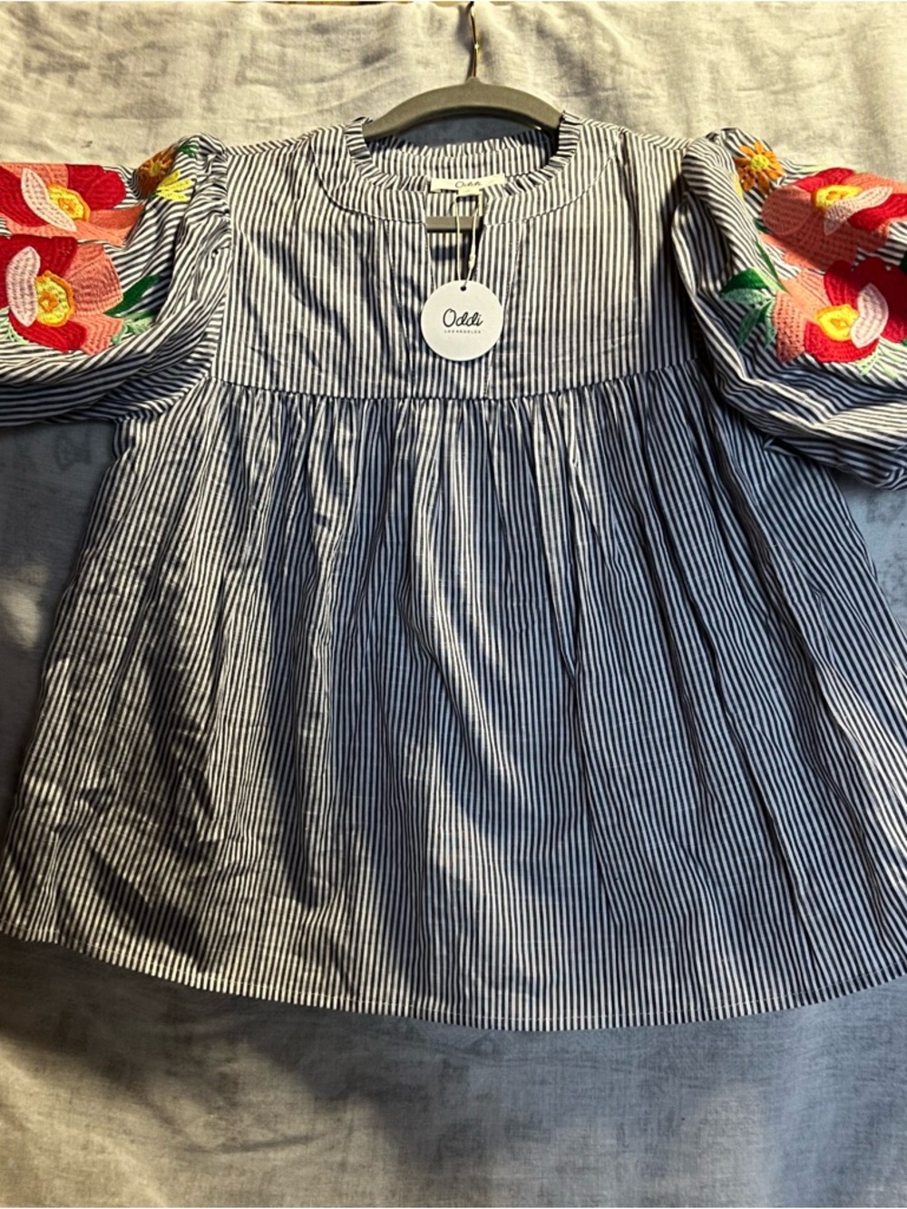 Navy Stripe Blouse with Pink Floral Embroidered Sleeves